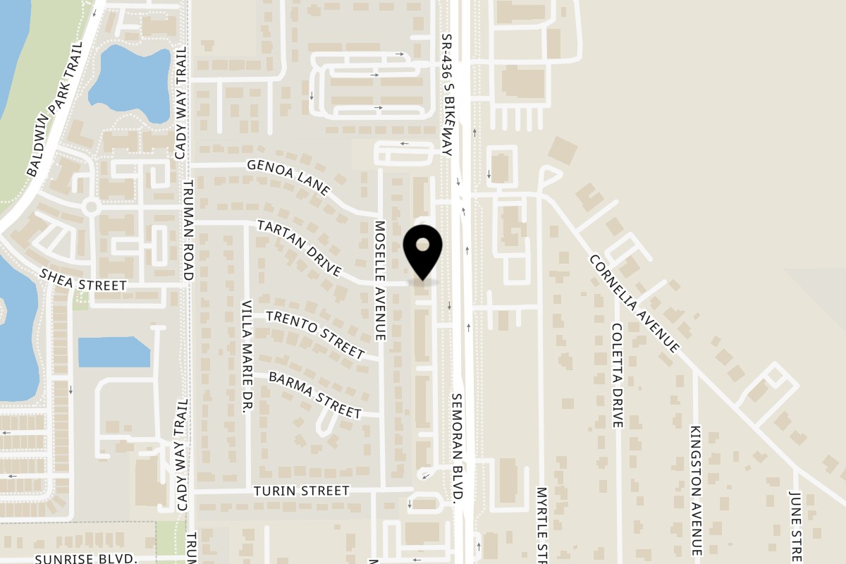 Map showing the location of Aroma Gastro Bar on 1700 N Semoran Blvd #118 in Orlando